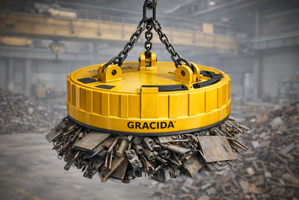 Electroimán circular industrial GRACIDA levantando chatarra ferrosa para manejo de acero